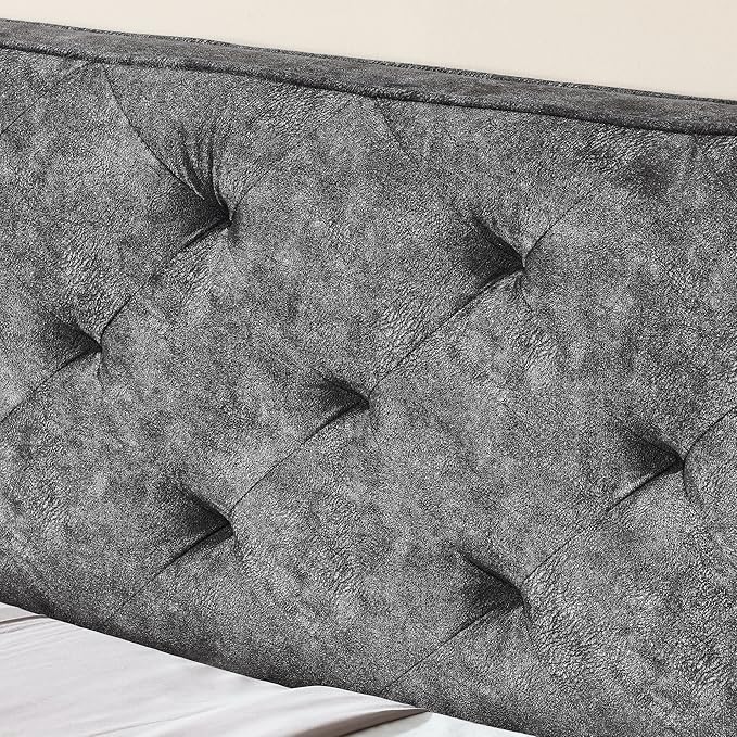 Full Size Daybed with win Size Trundle, Upholstered Tufted Day Bed, with Button Back and Waved Shape Arms, Wood Slat Support, No Spring Box Need, for Bedroom, Livingroom, Grey - LeafyLoom