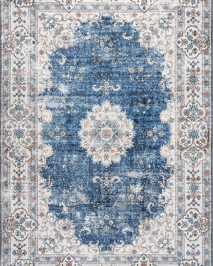 nuLOOM Ren Vintage Floral Machine Washable Ultra Thin Area Rug, 8x10, Blue - LeafyLoom