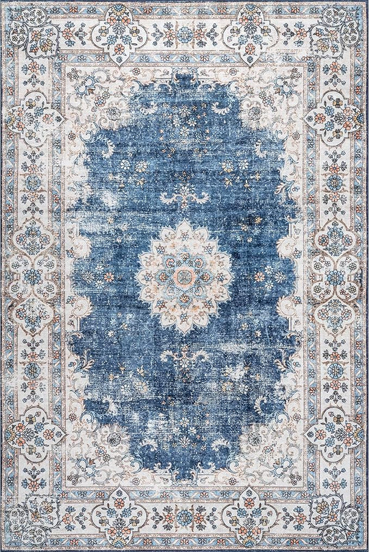 nuLOOM Ren Vintage Floral Machine Washable Ultra Thin Area Rug, 8x10, Blue - LeafyLoom