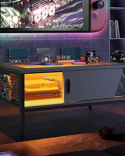 Bestier 42 Inch LED Coffee Table with Storage Glass Coffee Tables for Living Room with Sliding Doors, Black Living Room Center Table - LeafyLoom
