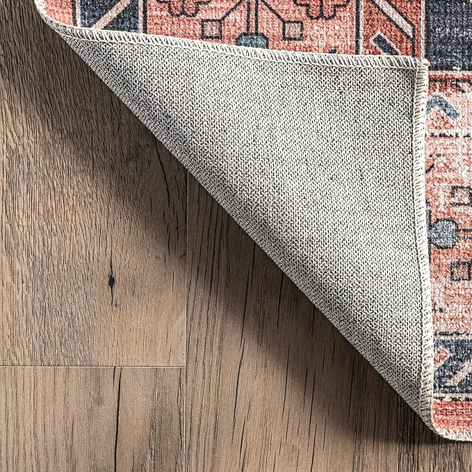 nuLOOM Medallion Bordered Machine Washable Ultra Thin Area Rug, 9' x 12', Rust - LeafyLoom