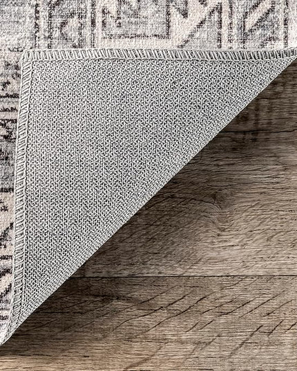 nuLOOM 4x6 Machine Washable Rain Haven Vintage Medallion Area Rug, Grey, Traditional Faded Design, Non-Slip Backing, Stain Resistant, For Bedroom, Dining Room, Living Room, Kitchen - LeafyLoom