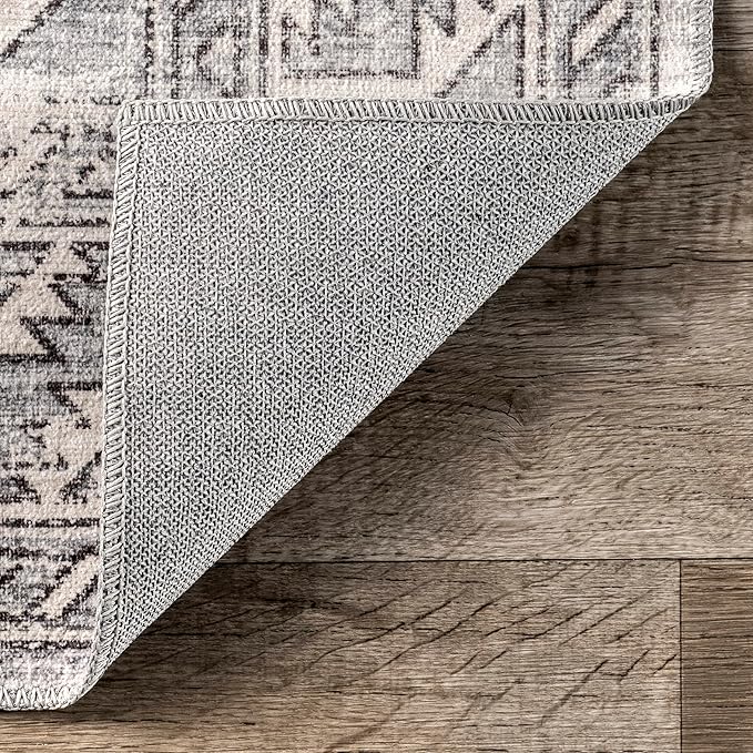 nuLOOM 8x10 Machine Washable Rain Haven Vintage Medallion Area Rug, Grey, Traditional Faded Design, Non-Slip Backing, Stain Resistant, For Bedroom, Dining Room, Living Room, Kitchen - LeafyLoom