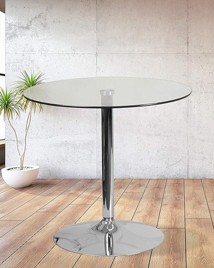 Flash Furniture Hills 31.5'' Round Glass Dining Table with 29''H Chrome Base, Decorative Narrow Round Tempered Glass Cocktail Table, Clear/Silver - LeafyLoom