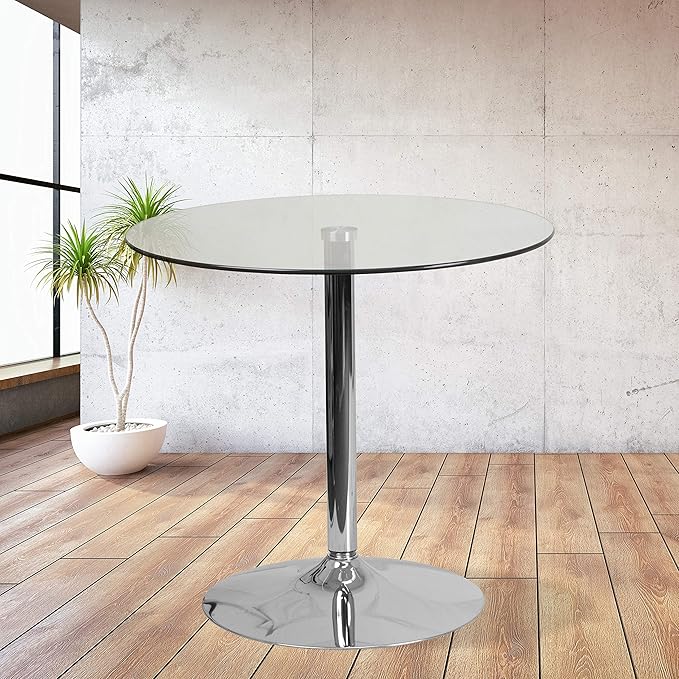 Flash Furniture Hills 31.5'' Round Glass Dining Table with 29''H Chrome Base, Decorative Narrow Round Tempered Glass Cocktail Table, Clear/Silver - LeafyLoom