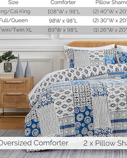 Southshore Fine Living, Inc. Twin Size Comforter Set with Pillow Sham, Reversible Global Patchwork Quilt is 2 Colors in 1 - Alternative Down Comforter Twin/Twin XL, Soft Microfiber, Blue & White - LeafyLoom