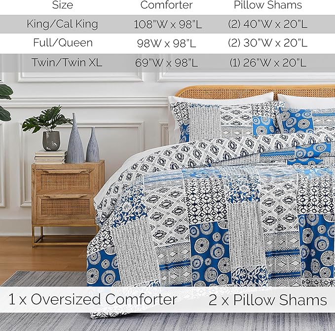 Southshore Fine Living, Inc. Twin Size Comforter Set with Pillow Sham, Reversible Global Patchwork Quilt is 2 Colors in 1 - Alternative Down Comforter Twin/Twin XL, Soft Microfiber, Blue & White - LeafyLoom