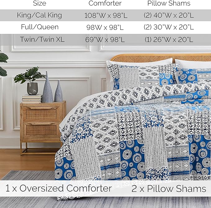Southshore Fine Living, Inc. King Size Comforter Set with 2 Pillow Shams, Reversible Global Patchwork Quilt is 2 Colors in 1 - Alternative Down Comforter King/Cal King, Ultra Soft, Blue & White - LeafyLoom