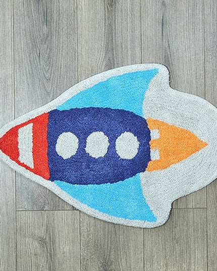Hand Tufted Space Rocket Ship Bedroom or Bathroom Rug - 30x20 in; 100% Cotton Kids Bathroom Mat; Decorative Kids Area Rug - LeafyLoom