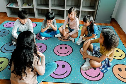 Flagship Carpets Smiley Seating (Seats 24) Classroom Area Rug or Educational Learning Mat, Kids Room or Playroom Carpet, 7'6'' x 12', Blue/Multi (FA2393-44FS) - LeafyLoom