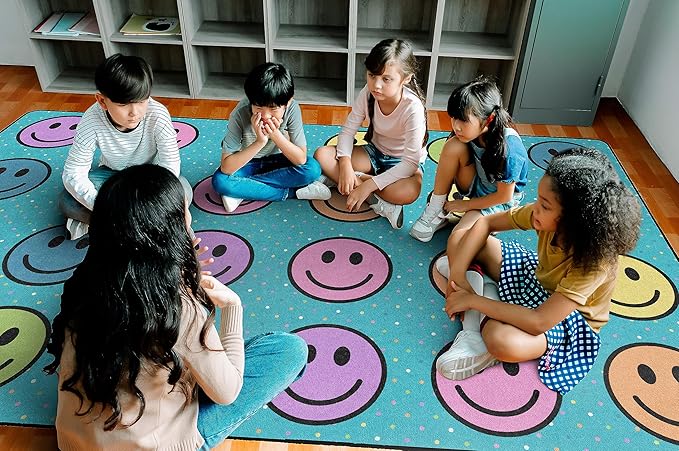 Flagship Carpets Smiley Seating (Seats 24) Classroom Area Rug or Educational Learning Mat, Kids Room or Playroom Carpet, 7'6'' x 12', Blue/Multi (FA2393-44FS) - LeafyLoom
