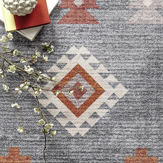 nuLOOM Jayde Machine Washable Southwestern Diamond Ultra Thin Area Rug, 4' x 6', Grey - LeafyLoom