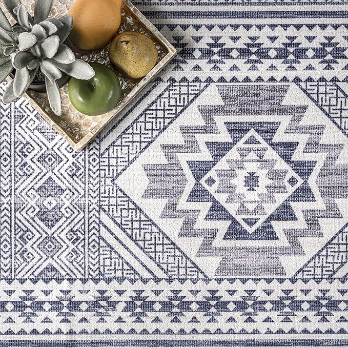 nuLOOM Jenine Southwestern Machine Washable Ultra Thin Area Rug, 8x10, Grey - LeafyLoom