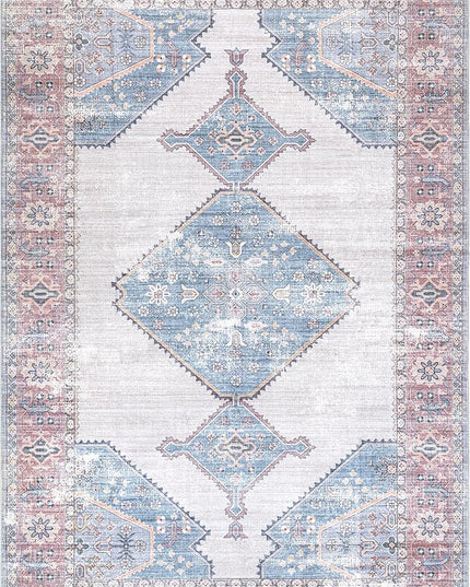nuLOOM Olga Machine Washable Distressed Vintage Medallion Ultra Thin Area Rug, 8' x 10', Blue - LeafyLoom