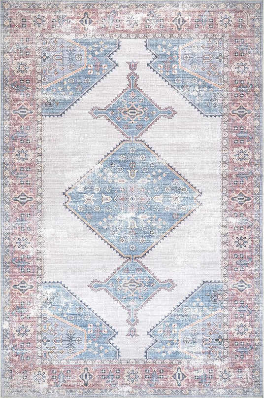nuLOOM Olga Machine Washable Distressed Vintage Medallion Ultra Thin Area Rug, 8' x 10', Blue - LeafyLoom