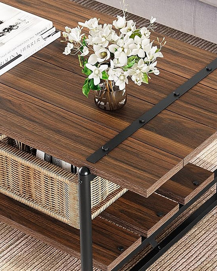 Towallmark 2-Tier Wood Coffee Table, Farmhouse Coffee Table with Storage Shelf- Rustic Metal Rectangle Center Living Room Coffee Table Accent Furniture for Home Office (Black Walnut) - LeafyLoom