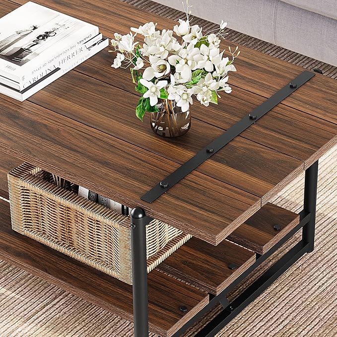 Towallmark 2-Tier Wood Coffee Table, Farmhouse Coffee Table with Storage Shelf- Rustic Metal Rectangle Center Living Room Coffee Table Accent Furniture for Home Office (Black Walnut) - LeafyLoom