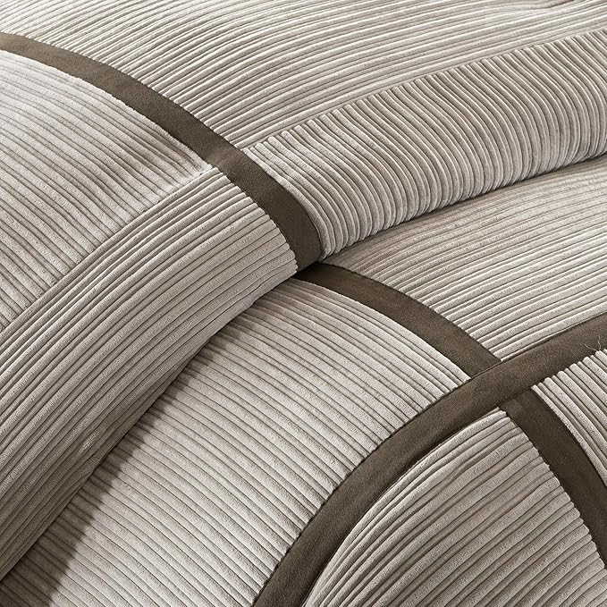 Madison Park Cozy Comforter Set Casual Blocks Design All Season, Matching Bed Skirt, Decorative Pillows, California King (104 in x 92 in), Dallas Taupe/Brown, 7 Piece - LeafyLoom