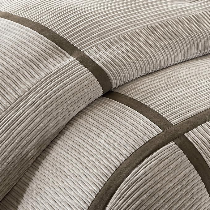 Madison Park Cozy Comforter Set Casual Blocks Design All Season, Matching Bed Skirt, Decorative Pillows, Queen(90"x90"), Dallas Corduroy, Taupe Brown, 7 Piece - LeafyLoom