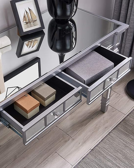 SEI Furniture Glenview Glam Mirrored Writing Desk w/ Drawers, Matte Silver - LeafyLoom