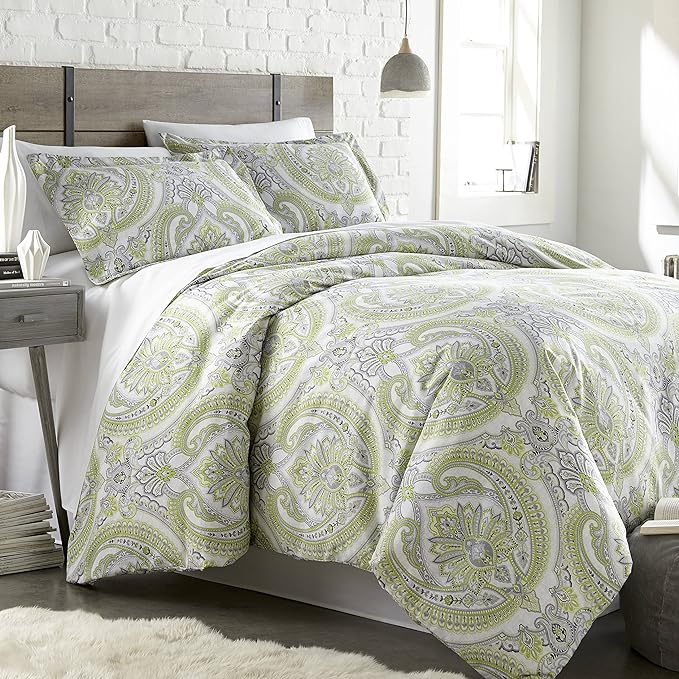 Southshore Fine Living, Inc. Oversized King Comforter Bedding Set, Down Alternative Boho Bedspread, Paisley Print Comforter, King/California King with 2 Matching Shams, Pure Melody Green - LeafyLoom