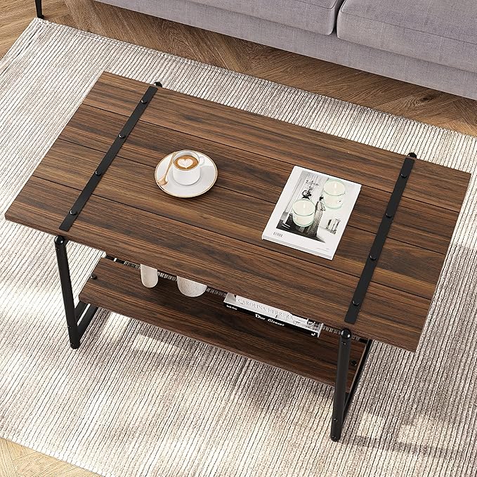 Towallmark 2-Tier Wood Coffee Table, Farmhouse Coffee Table with Storage Shelf- Rustic Metal Rectangle Center Living Room Coffee Table Accent Furniture for Home Office (Black Walnut) - LeafyLoom