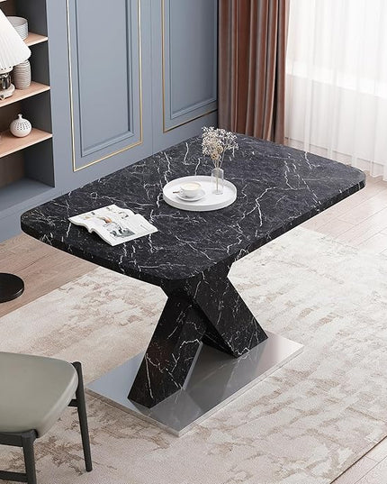 NicBex Dining Table Contemporary Kitchen Table Farmhouse Rustic Square Dining Table, Stretchable, Printed Black Marble Table Top+MDF X-Shape Table Leg with Metal Base, Easy Assembly, Black - LeafyLoom