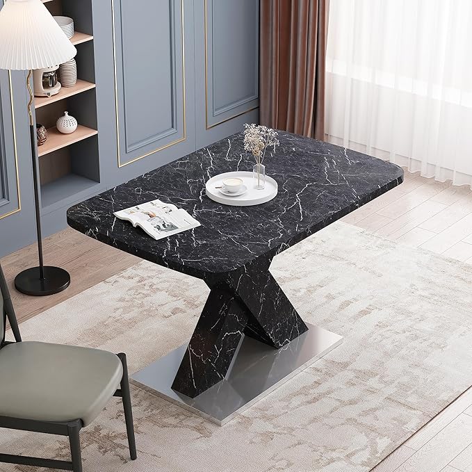 NicBex Dining Table Contemporary Kitchen Table Farmhouse Rustic Square Dining Table, Stretchable, Printed Black Marble Table Top+MDF X-Shape Table Leg with Metal Base, Easy Assembly, Black - LeafyLoom