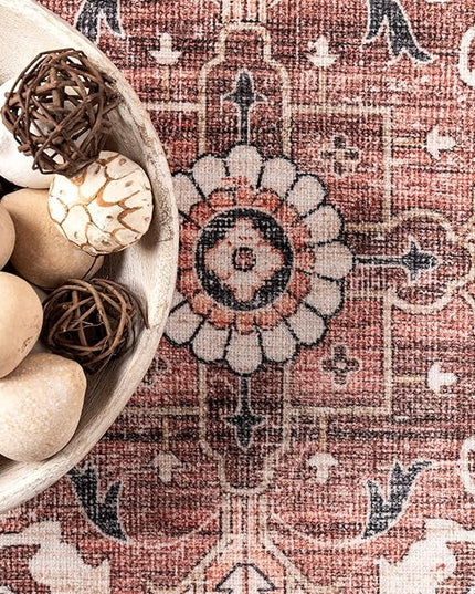 nuLOOM Emmy Faded Persian Machine Washable Ultra Thin Area Rug, 5' x 8', Red - LeafyLoom