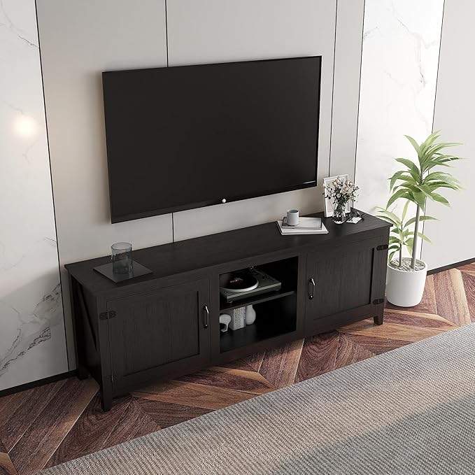 NicBex TV Stand for 60 Inch TV TV Console Table with 2 Doors and 4 Open Storage Compartments Cabinet for TV Box,Entertainment Center with Storage for Living Room,Bedroom,70.08 Inch,Black - LeafyLoom