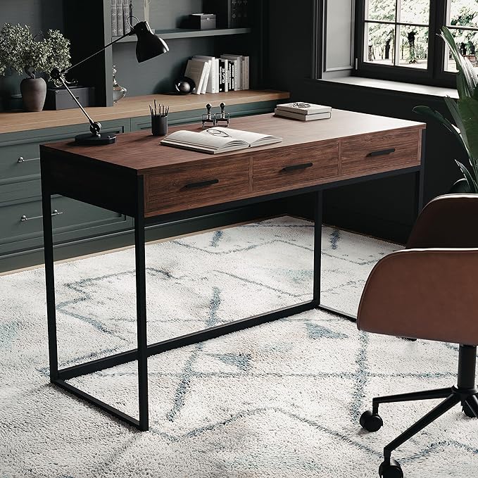 Martha Stewart Ollie Home Office Desk with 3 Drawers in Walnut Wood Grain with Oil Rubbed Bronze Hardware - LeafyLoom