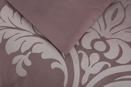 Chezmoi Collection 7-Piece Jacquard Floral Comforter Set (King, Woodrose/Gray) - LeafyLoom