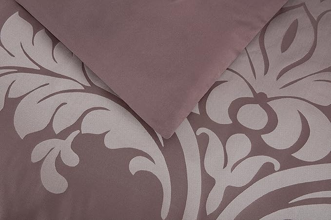 Chezmoi Collection 7-Piece Jacquard Floral Comforter Set (King, Woodrose/Gray) - LeafyLoom