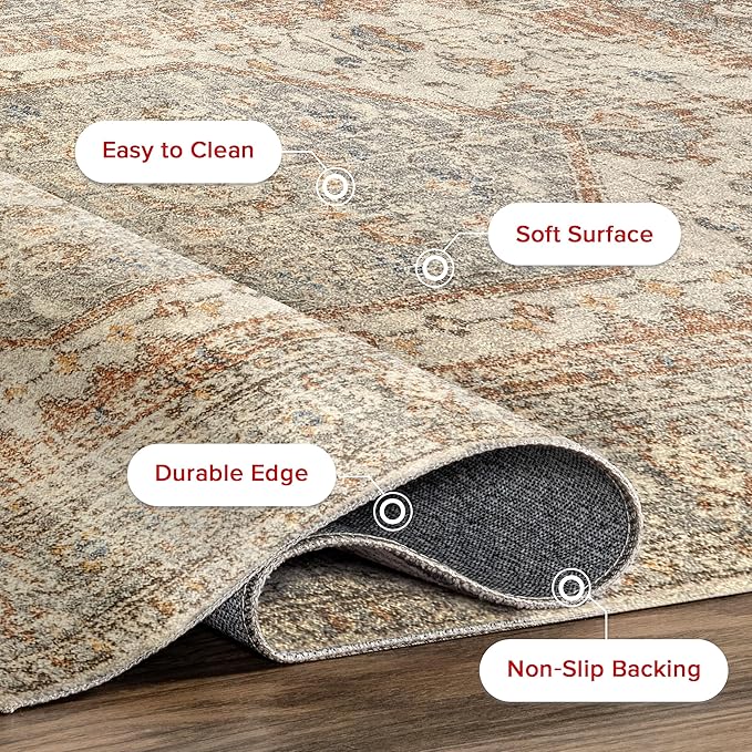 nuLOOM 2x12 Machine Washable Rain Haven Vintage Medallion Area Rug, Light Grey, Traditional Faded Design, Non-Slip Backing, Stain Resistant, For Bedroom, Dining Room, Living Room, Kitchen - LeafyLoom