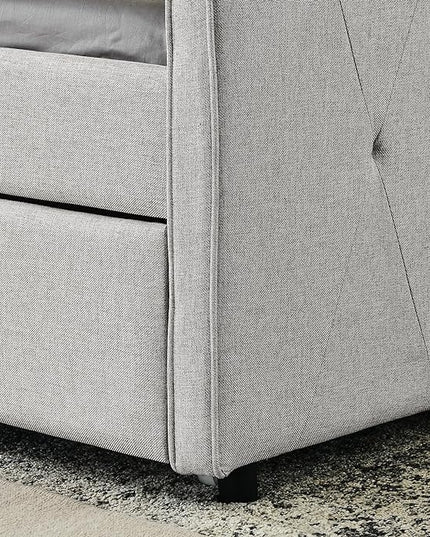 Full Size Upholstered Daybed with Twin Size Trundle, Tufted Sofa Bed w/Waved Shape Arms, for Bedroom Living Room, No Box Spring Needed & Space-Saving Design, Beige - LeafyLoom