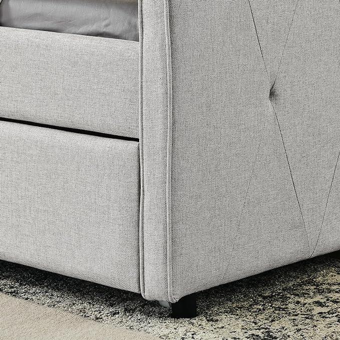 Full Size Upholstered Daybed with Twin Size Trundle, Tufted Sofa Bed w/Waved Shape Arms, for Bedroom Living Room, No Box Spring Needed & Space-Saving Design, Beige - LeafyLoom