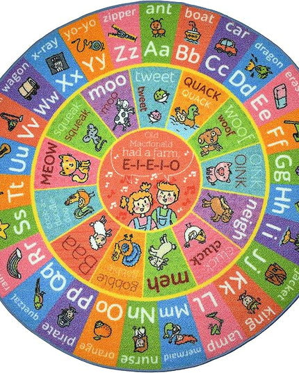 KC Cubs Playtime Collection ABC Alphabet with Old MacDonald's Animals Educational Learning & Game Round Circle Area Rug Carpet for Kids and Children Bedrooms and Playroom - LeafyLoom
