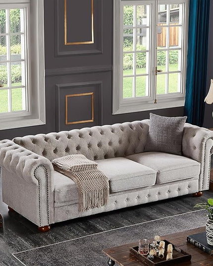 Clasic Chesterfield 3 Seaters Sofa Couch W/Luxury Roller Armrest Soild Wood Legs Linen Fabric Upholstered Button Tufted Sofa&Couch with Removable Cushions & Nailhead Decor, 88.5", Light Grey-007 - LeafyLoom