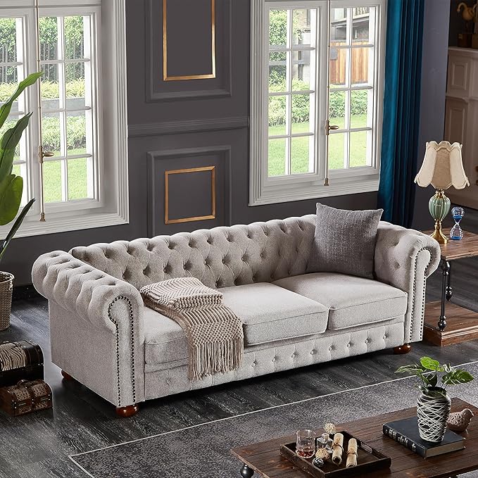Clasic Chesterfield 3 Seaters Sofa Couch W/Luxury Roller Armrest Soild Wood Legs Linen Fabric Upholstered Button Tufted Sofa&Couch with Removable Cushions & Nailhead Decor, 88.5", Light Grey-007 - LeafyLoom