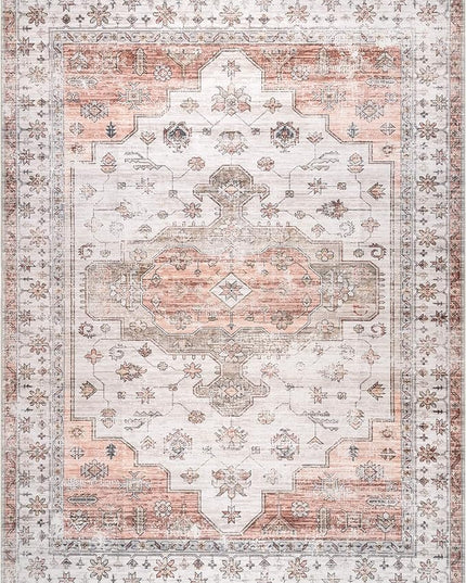 nuLOOM 5x8 Machine Washable Rain Haven Vintage Medallion Area Rug, Beige, Traditional Faded Design, Non-Slip Backing, Stain Resistant, For Bedroom, Dining Room, Living Room, Kitchen - LeafyLoom