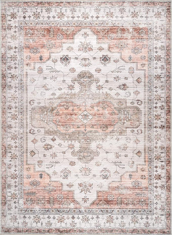 nuLOOM 5x8 Machine Washable Rain Haven Vintage Medallion Area Rug, Beige, Traditional Faded Design, Non-Slip Backing, Stain Resistant, For Bedroom, Dining Room, Living Room, Kitchen - LeafyLoom