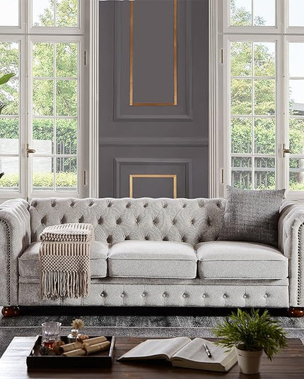 Clasic Chesterfield 3 Seaters Sofa Couch W/Luxury Roller Armrest Soild Wood Legs Linen Fabric Upholstered Button Tufted Sofa&Couch with Removable Cushions & Nailhead Decor, 88.5", Light Grey-007 - LeafyLoom