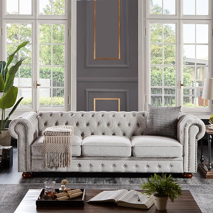 Clasic Chesterfield 3 Seaters Sofa Couch W/Luxury Roller Armrest Soild Wood Legs Linen Fabric Upholstered Button Tufted Sofa&Couch with Removable Cushions & Nailhead Decor, 88.5", Light Grey-007 - LeafyLoom
