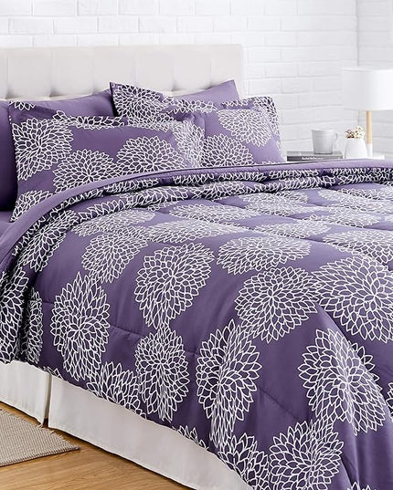 Amazon Basics Lightweight Microfiber Bed-in-a-Bag Comforter 7-Piece Bedding Set, Full/Queen, Purple Floral - LeafyLoom