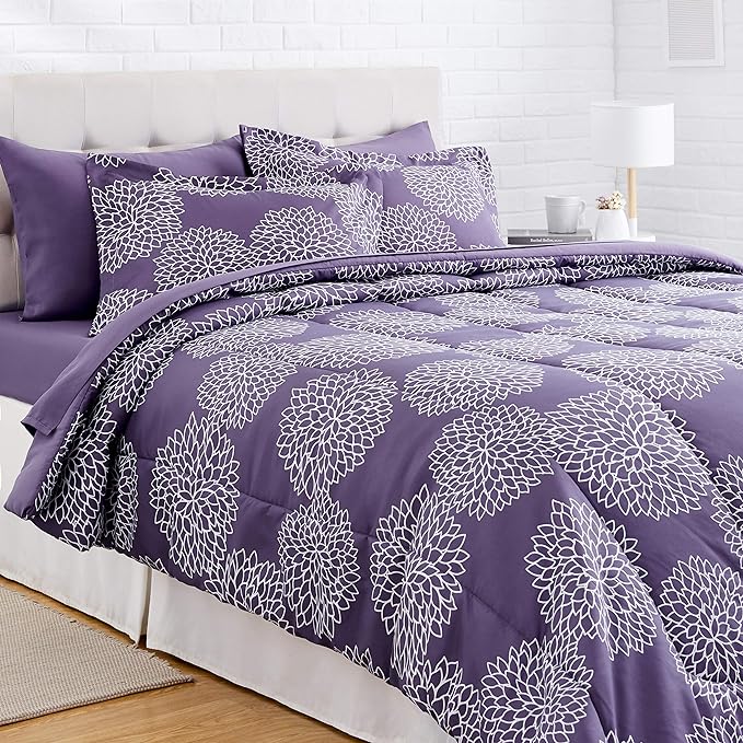 Amazon Basics Lightweight Microfiber Bed-in-a-Bag Comforter 7-Piece Bedding Set, Full/Queen, Purple Floral - LeafyLoom