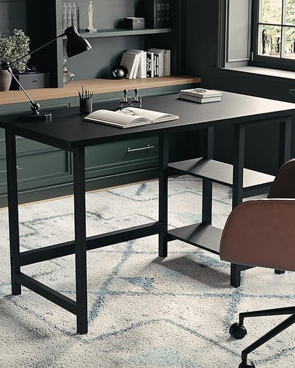 Martha Stewart Beckett Modern Trestle Desk with Open Side Shelving in Black Wood Grain Finish - LeafyLoom