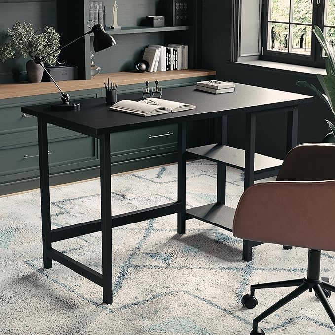 Martha Stewart Beckett Modern Trestle Desk with Open Side Shelving in Black Wood Grain Finish - LeafyLoom