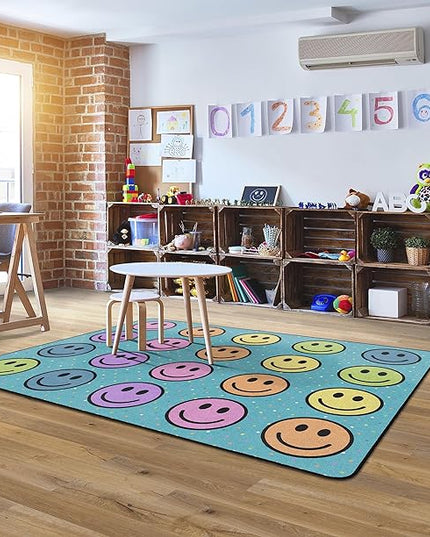 Flagship Carpets Smiley Seating (Seats 20) Classroom Area Rug or Educational Learning Mat, Kids Room or Playroom Carpet, 6' x 8'4", Blue/Multi (FA2393-32FS) - LeafyLoom