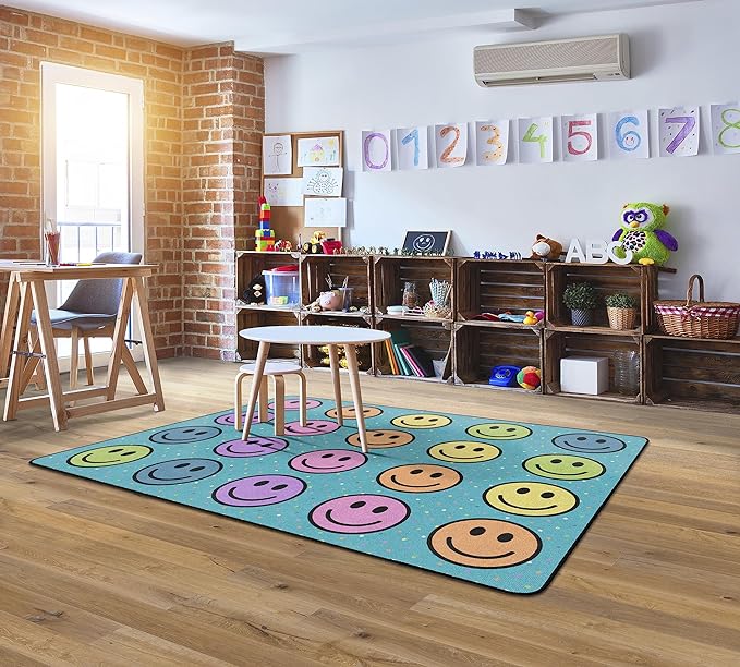 Flagship Carpets Smiley Seating (Seats 20) Classroom Area Rug or Educational Learning Mat, Kids Room or Playroom Carpet, 6' x 8'4", Blue/Multi (FA2393-32FS) - LeafyLoom