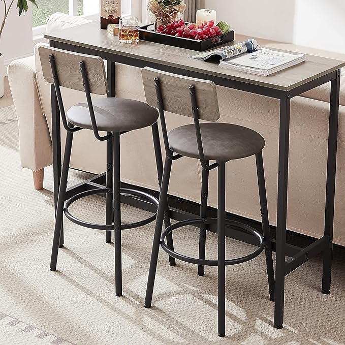 NicBex Kitchen Small Dining Table for 2 Breakfast Nook Table Set Bar Table Set with 2 Bar Stools Pu Soft Seat with Backrest for Small Space, Dining Room, Apartment, Easy Clean, Grey - LeafyLoom